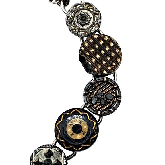 Antique Glass Button Bracelet With Black & Gold Tone Accents On Silver Tone Chai - Picture 2 of 8